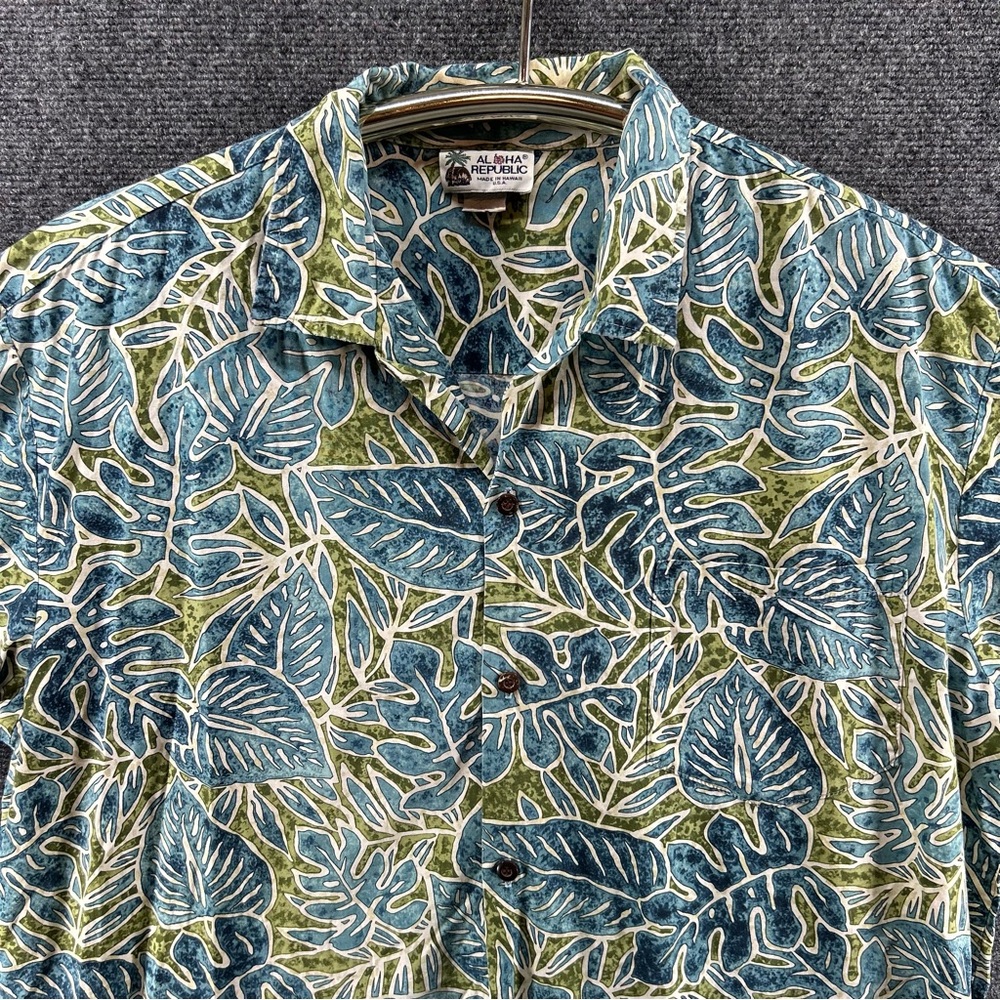 VTG Aloha Republic Hawaiian Shirt Mens XL USA Made Green Blue Palm Trees Cruise